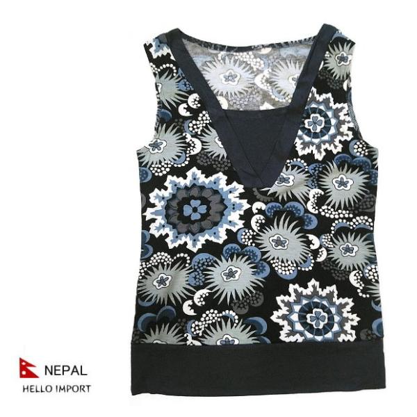 ネパール 花柄 ボタニカル柄 ノースリーブ カットソー トップス  レディース  ファッション アジ...