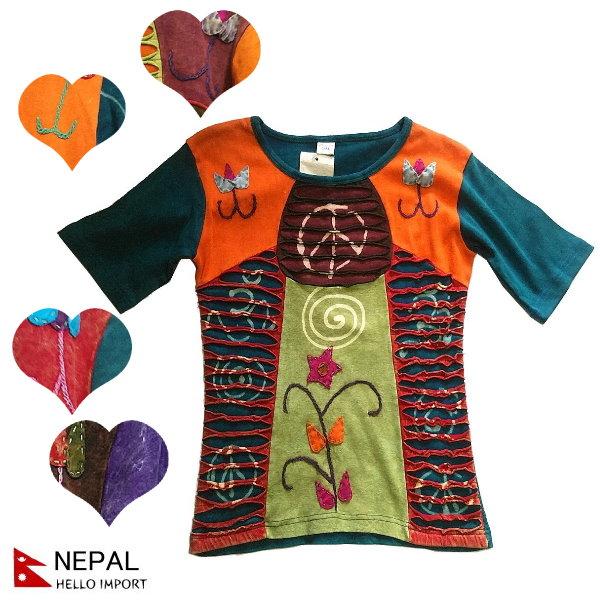 ネパール 半袖 Tシャツ tee クラッシュ 花柄 カットソー トップス  レディース  ファッショ...