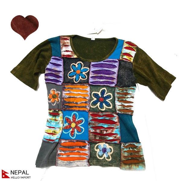 ネパール 半袖 Tシャツ tee パッチワーク カットソー トップス  ユニセックス  ファッション...