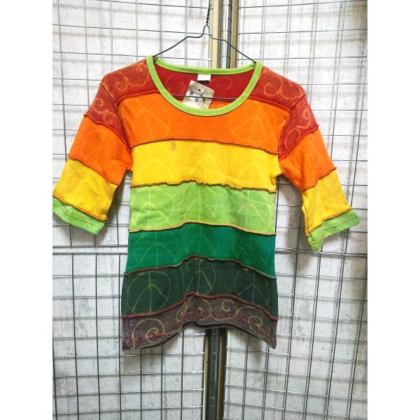 訳あり ネパール 半袖 ピースマーク 太いボーダー柄 Tシャツ tee メンズ レディース ユニセッ...