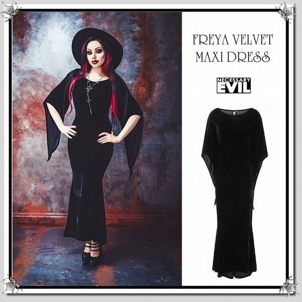 魔女ゴシック ベロア地マキシ丈ドレスワンピース ドロップドカフス 黒 ブラック 結婚式 パーティー/...