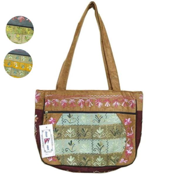 ネパール発 ハンドメイド 刺繍 スエードレザー ボタニカル柄 トートバッグ 鞄 B4 ファッション ...