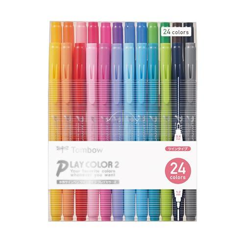 トンボ鉛筆 水性 サインペン 24色 (太&amp;細ツインタイプ) カラーペン プレイカラー2 GCB-0...
