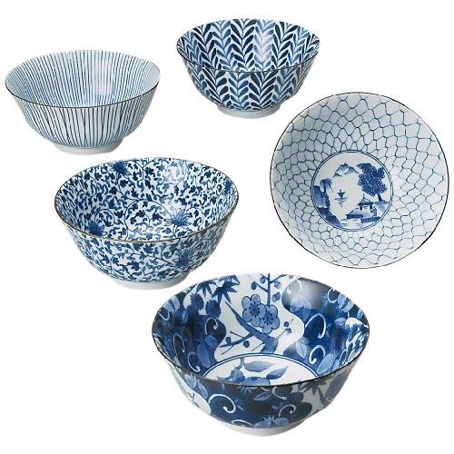 西海陶器 多用 鉢 藍 絵変り 化粧箱入 日本製 直径 15.5 cm 5個 セット 31303