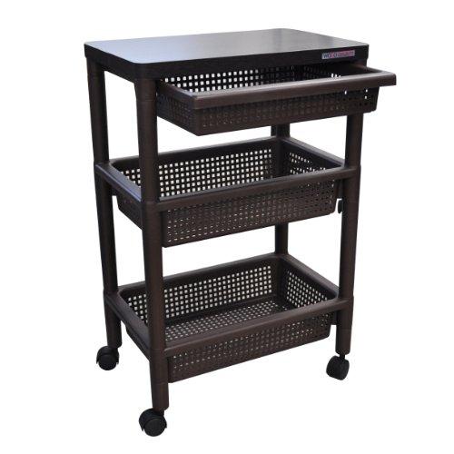 不動技研 ウッドテーブルワゴン WTW-3HS ブラウン 引き出しバスケット付き 木製フラット天板 ...