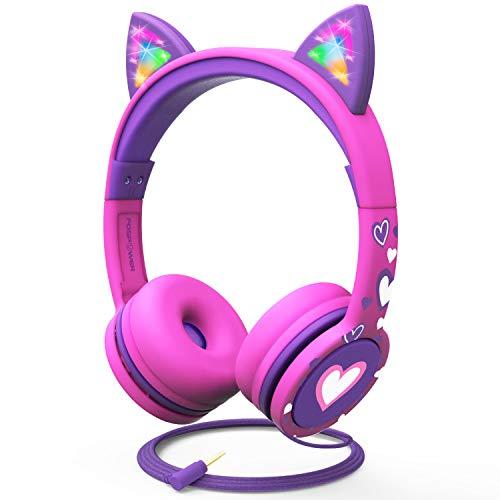 FosPower 子供用ヘッドホン LEDライトアップ 猫耳付き 3.5mm オーディオヘッドフォン...
