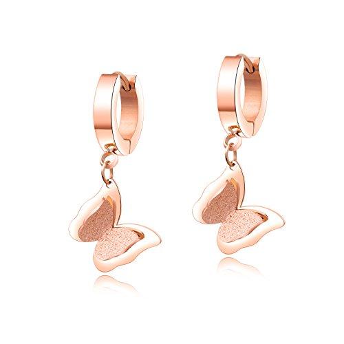 Deelfel レディース ピアス ピンクゴールドピアス 18金 ダブル蝶々 チェーンピアス バタフ...