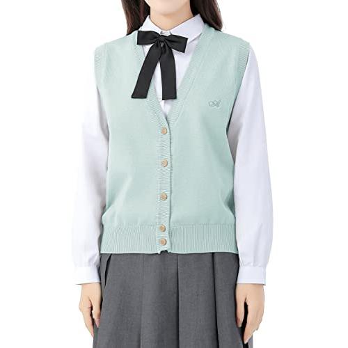 [Sharphon] 女子 スクール ベスト vネック 制服 ニットベスト ポケット付 前開き