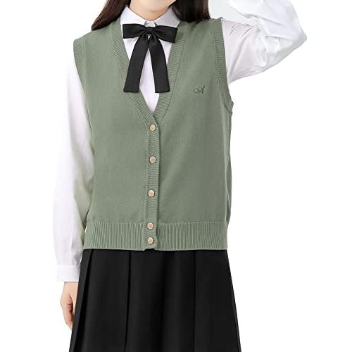 [Sharphon] 女子 スクール ベスト vネック 制服 ニットベスト ポケット付 前開き