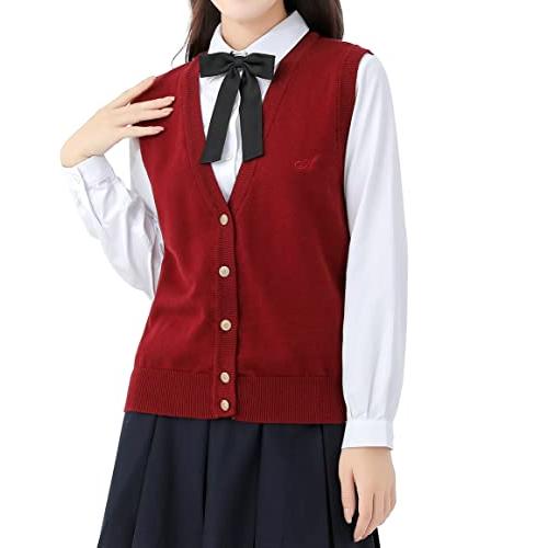 [Sharphon] 女子 スクール ベスト vネック 制服 ニットベスト ポケット付 前開き