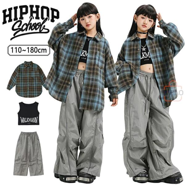 キッズ ダンス衣装 男女 チェック柄 セットアップ キッズ 衣装 グレー タンクトップ へそ出し ヒ...