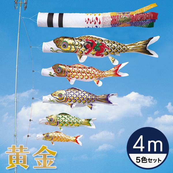 黄金に輝くうろこ☆黄金錦鯉 黄金飛龍吹流し・金太郎付黒鯉 ４Ｍ ５色セット【こいのぼり】