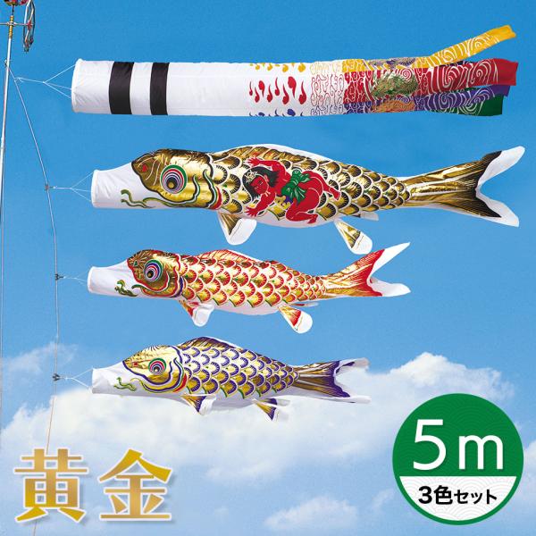 黄金に輝くうろこ☆黄金錦鯉 黄金飛龍吹流し・金太郎付黒鯉 ５Ｍ ３色セット【こいのぼり】