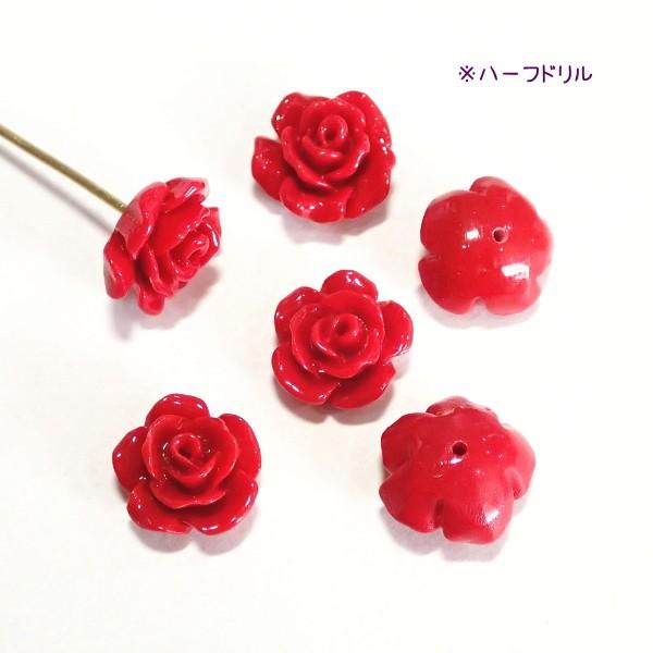 10074-【人造コーラル】　薔薇　レッド　ハーフドリル　１０mm　６個/１パック
