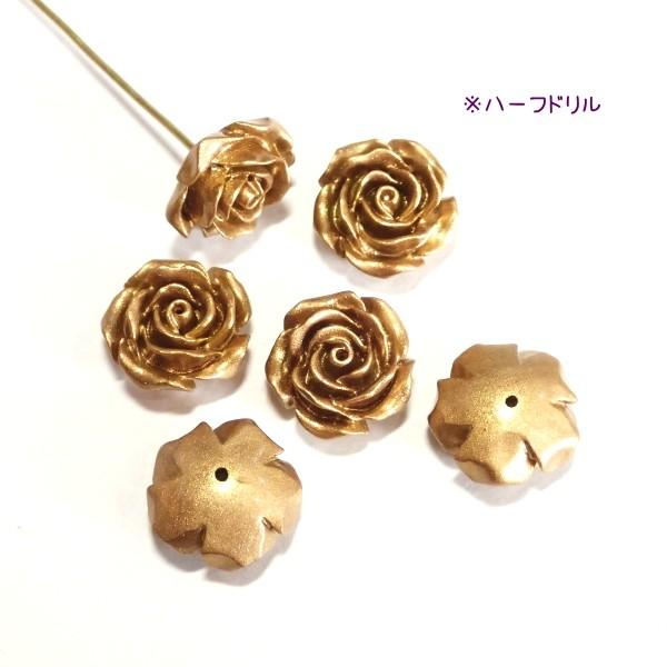 10077-【人造コーラル】　薔薇　マットゴールド　ハーフドリル　１２mm　６個/１パック