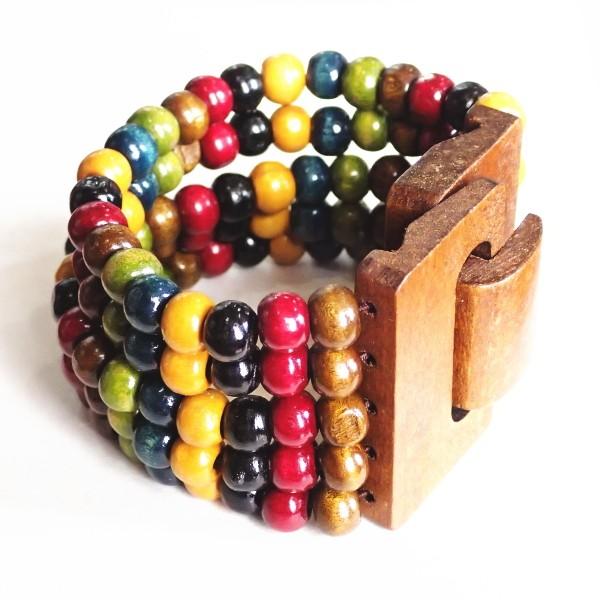 11637-『ブレスレット』　５連ストレッチ　ダークミックス　ウッドビーズ８mm　１個
