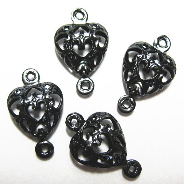 1246-《メタルチャーム・パーツ》　ハートコネクター　黒銀色　９mm　１０個/１セット