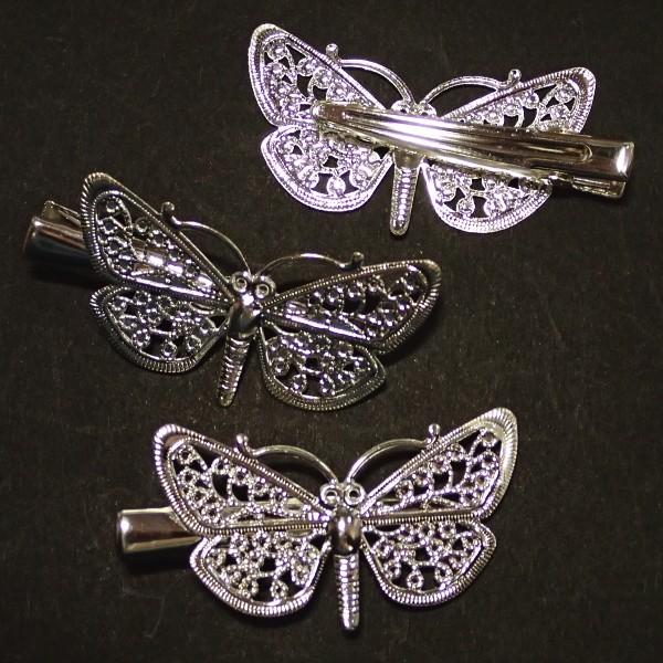 1364-【ヘアーパーツ】　ヘアクリップ蝶々／ホワイトシルバー　３個/１セット