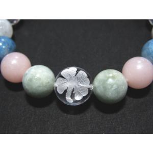 16002-【天然石ブレスレット】水晶四つ葉+マルチ天然石 ヒスイ ピンクオパール アクアマリン レ...