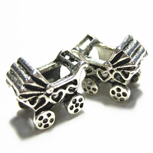 20043-《メタルチャーム・パーツ》　ベビーカー　銀古美　１１ｘ１３ｘ８mm　１０個/１セット