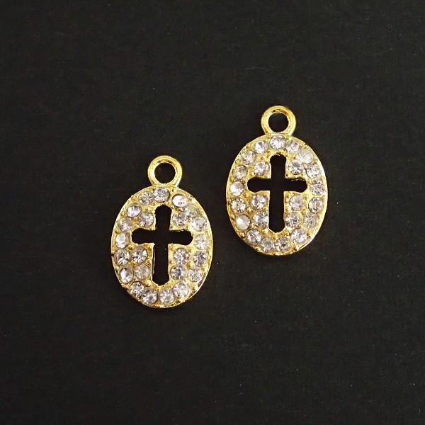 21336-《ラインストーン》　クロスチャーム　クリア/G　１５x１０mm　２個/１パック