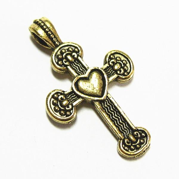 2820-【ＮＹピューター】　十字架ハート　チャーム　金古美　２０ｘ１５mm　５個/１セット