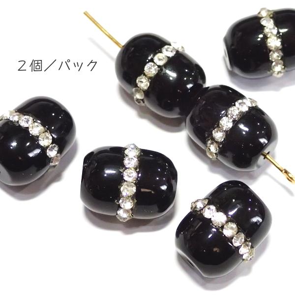 2906-《天然石いろいろ》　ブラックアゲート　ラインストーン付き　ドラム　１６ｘ１３mm　２個/１...