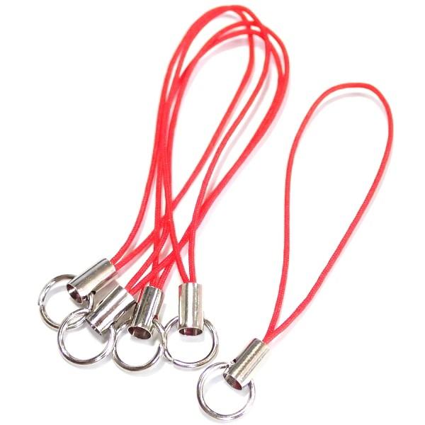 3265-《ストラップ/根付》　赤（紐）／銀色（金具）　丸カン付き　５０mm前後　５本/１セット
