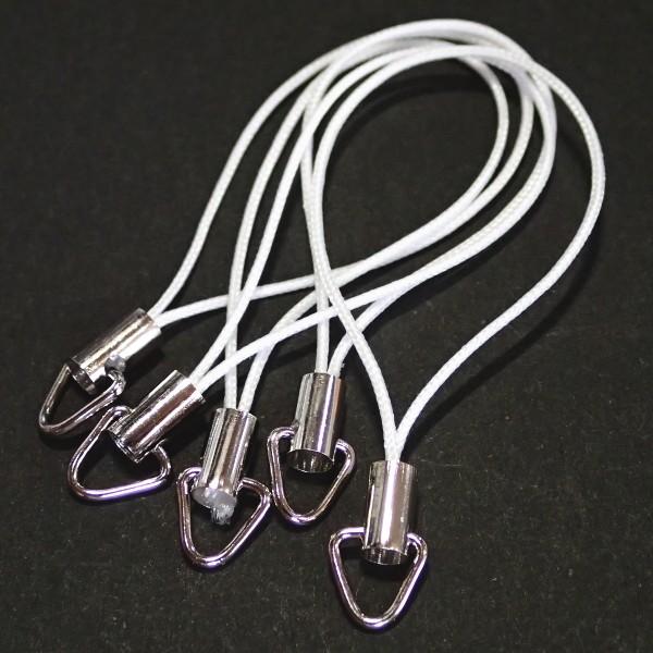 3272-《ストラップ/根付》　白（紐）／銀色（金具）　三角カン付き　５０mm前後　５本/１セット