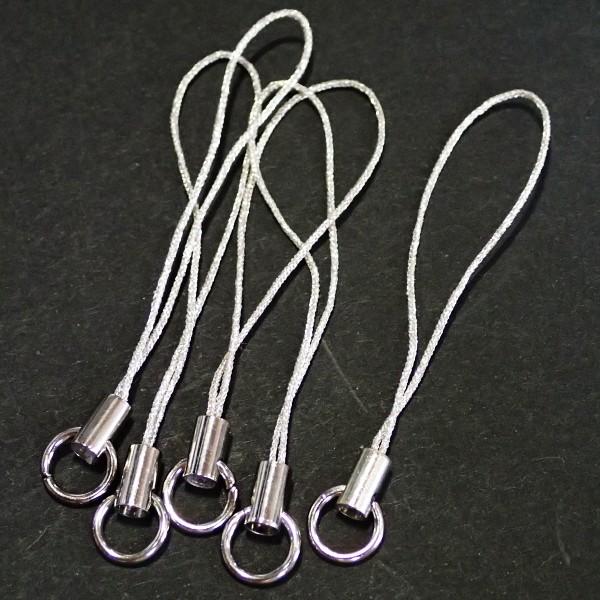 3276-《ストラップ/根付》　銀色（紐）／銀色（金具）　丸カン付き　５０mm前後　５本/１セット