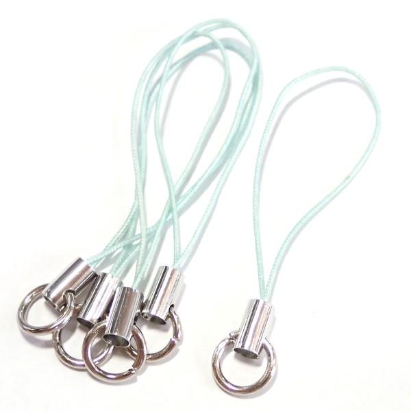 3281-《ストラップ/根付》　ミントブルー（紐）／銀色（金具）　丸カン付き　５０mm前後　５本/１...