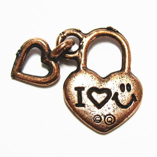 3391-【ＮＹピューター】　ハートロック　チャーム　銅古美　１３mm　５個/１セット