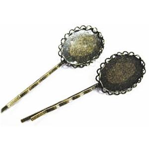 3573-【ヘアーパーツ】　ヘアピン　真鍮古美　長さ69mm　トレイ部25x18mm　２個/１セット