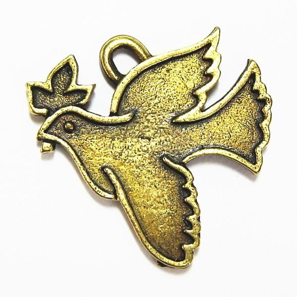 3892-【ＮＹピューター】　オリーブ鳩　チャーム　真鍮古美　２０mm　５個/１セット