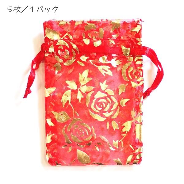 4008-《小袋》　透けすけポーチ　赤・金・薔薇　１０ｘ７ｃｍ（平均）　５枚/１パック