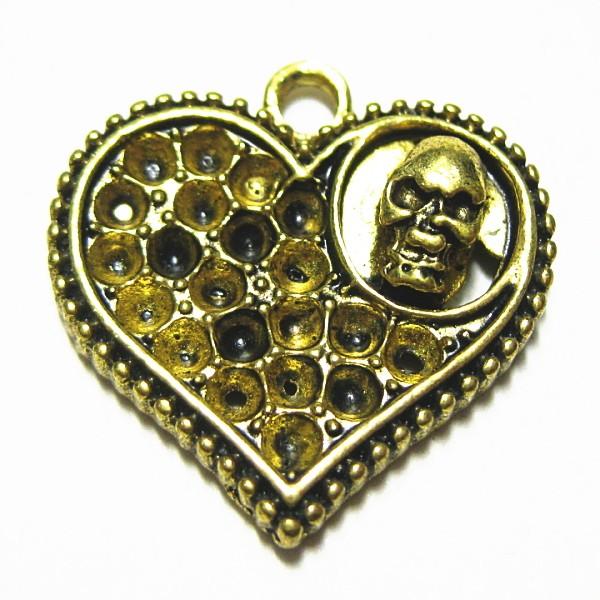 4374-《メタルチャーム・パーツ》　スカルハート　金古美　１９ｘ１８mm　５個/１セット