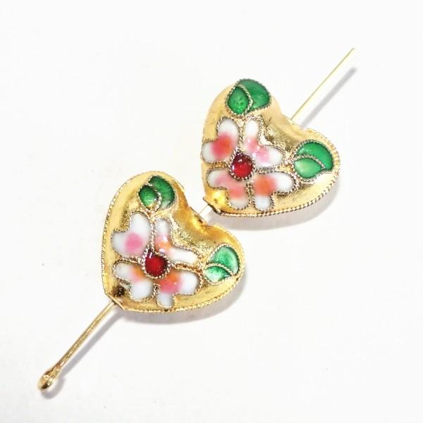 5724-〈七宝ビーズ〉　ハート　縦ホール　金色　１８x１８mm　２個/１パック