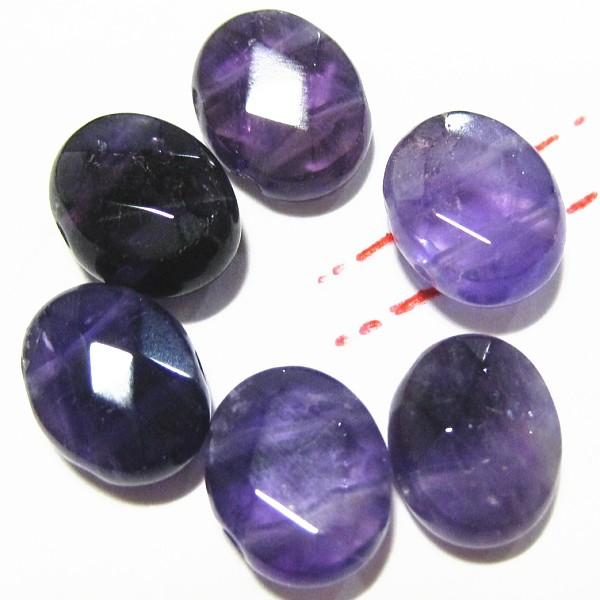 6384-《天然石カット楕円２ホール》　アメジスト　１０x８mm平均　６個/１パック