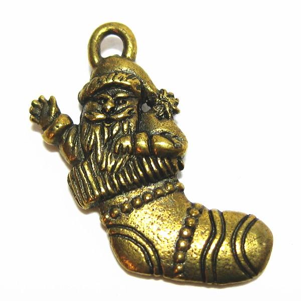 6616-【ＮＹピューター】　ソックスサンタ　チャーム　真鍮古美　１９mm　５個/１セット
