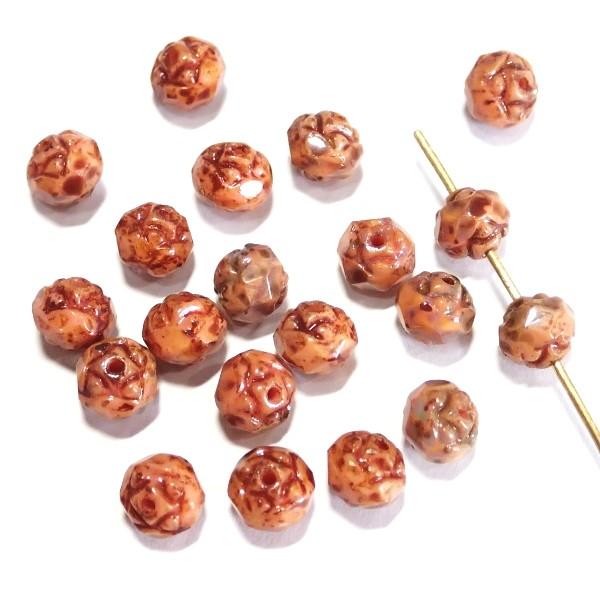 7205-T74020　チェコ薔薇のつぼみ　コーラルピンクピカソ　５x６mm　２０個/１パック