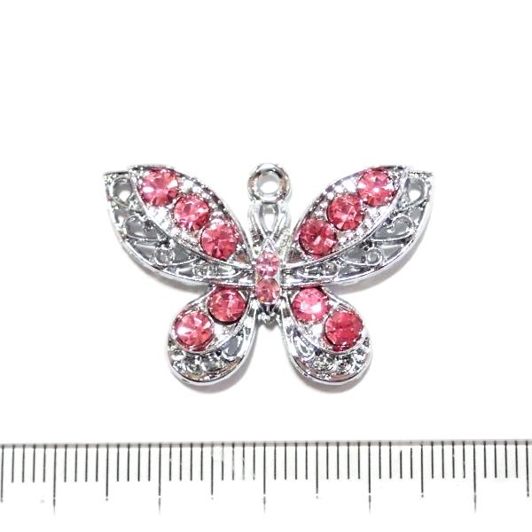 7921-《ラインストーン》　蝶ちょ　ピンク　銀色　３２ｘ２１mm　１個