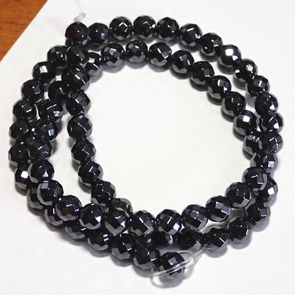 8160-《天然石カット丸玉１連》　模造ヘマタイト　６mm　１本/約３８cm