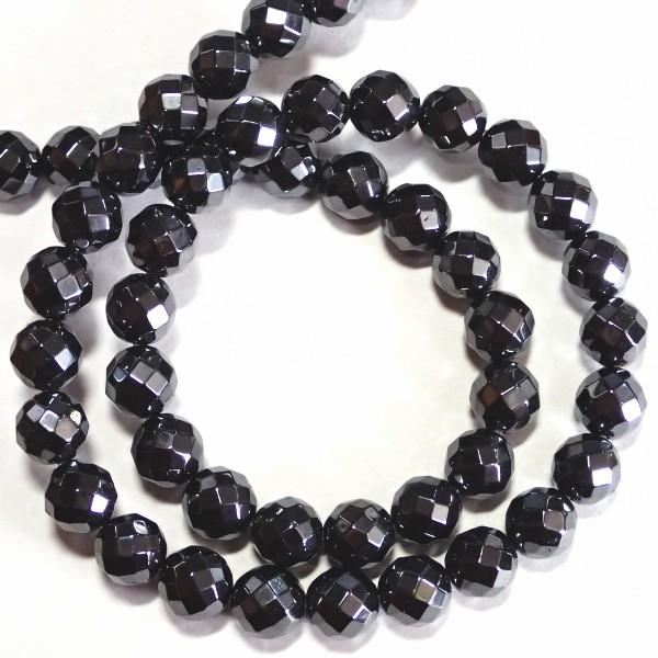 9616-《天然石カット丸玉１連》　模造ヘマタイト　８mm　１本/約３８cm