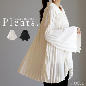 SALE シャツ レディース トップス ブラウス プリーツ チュニック パールボタン パール 体型カバー シフォン 長袖