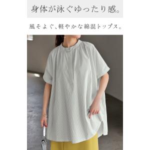 シャツ ストライプ ノーカラー レディース ト...の詳細画像1