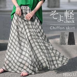 スカート ロング チェック 柄 シフォン レディース シフォンスカート フレアスカート ロングスカート Aライン ボトムス ボトム マキシ 軽い 透け感 ウエストゴム