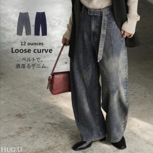 デニム パンツ バレルレッグ レディース ボトムス ワイドパンツ ジーパン デニムパンツ ベルト付き ウエストゴム ロング ロングパンツ ワイド ステッチ