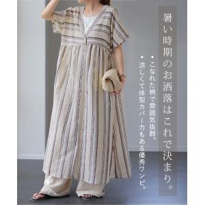 ワンピース 綿 麻 シャツワンピース ストライ...の詳細画像1