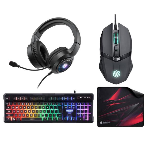 ゲーミングデバイスセット マウス キーボード ヘッドセット マウスパッド グリーンハウス GH-GM...