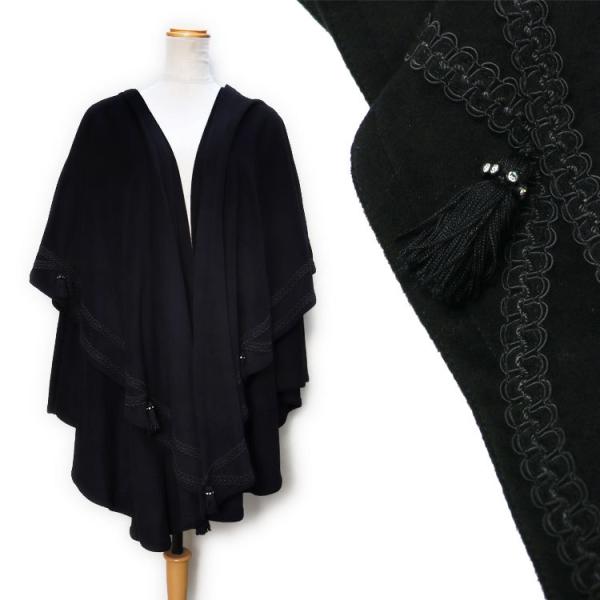 刺繍入り ウール80％ カシミヤ20％ 混合 ドレープ ケープ マント ブラック